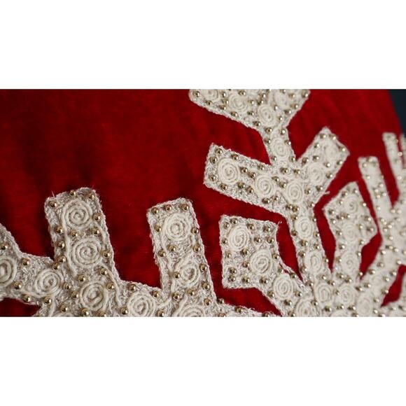 Red Velvet Gold Beaded Winter Wonderland Embroidered Christmas Pillow Snowflake - Picture 2 of 6